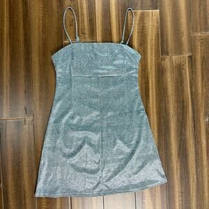 Size S Urban Outfitters Metallic Silver Tinsel Mini Dress Thin Straps y2k Square